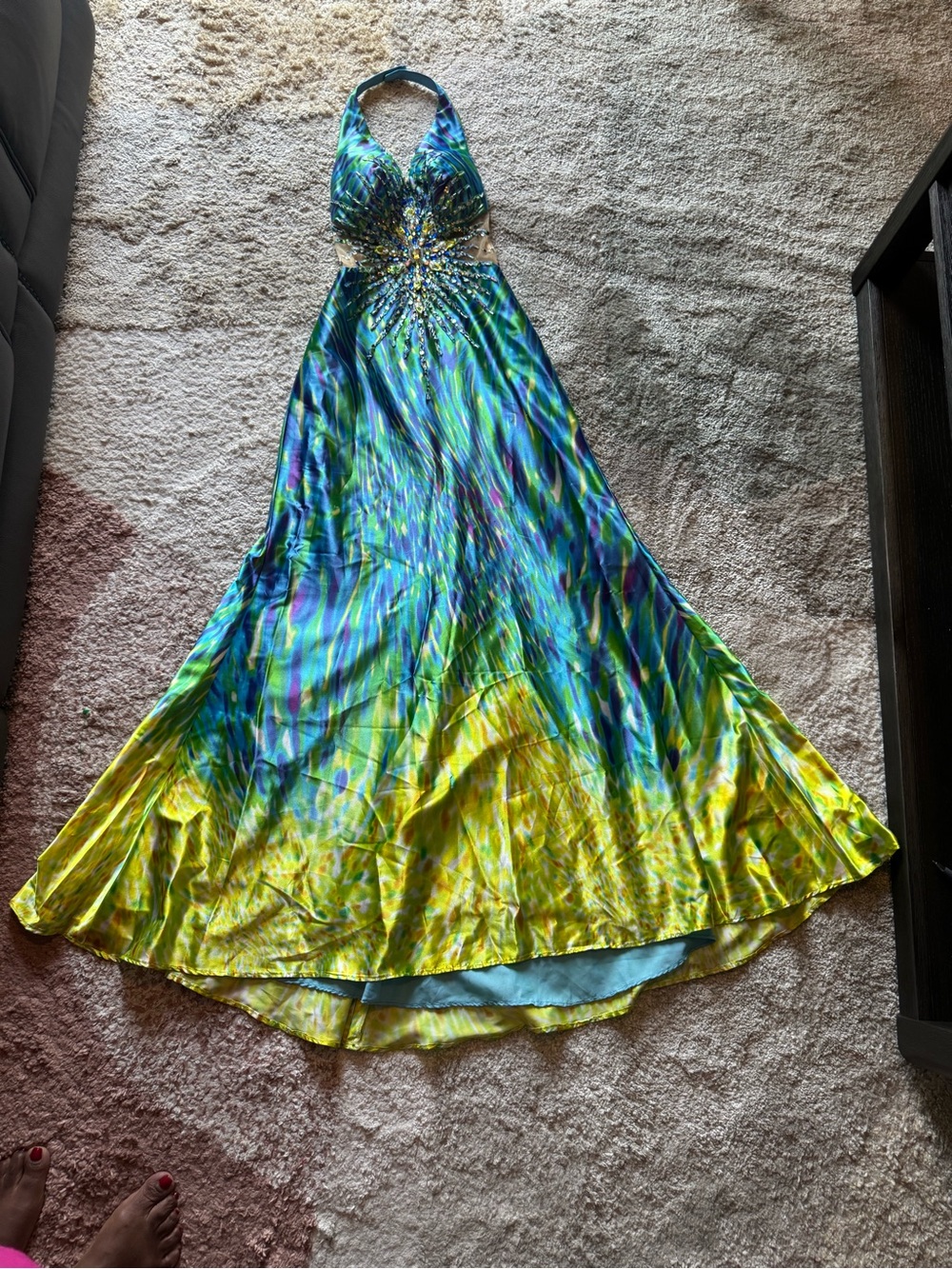 Tony Bowls Halter Prom Gown in Blue, Green & Yellow Ombre